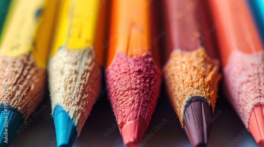 Poster several colored pencils lined up in a row on a table