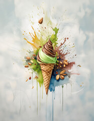 A vibrant artwork of an ice cream cone with green and brown swirls, surrounded by colorful splashes and almonds