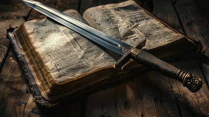 old book and sword as religious symbol