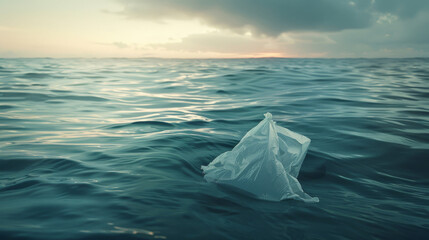 Single-use plastic bag floats on the ocean's surface at dusk, symbolizing environmental pollution