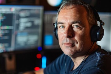 An attentive man with headphones stares intently at monitors reflecting in his glasses indoors