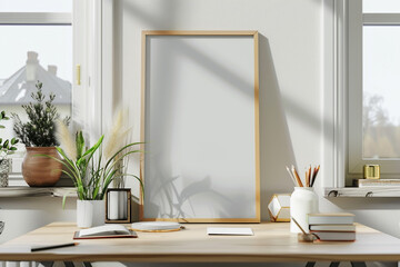 Vertical frame mockup in modern home office, featuring minimalist decor and Scandinavian-style ambiance. Perfect backdrop for creative inspiration.