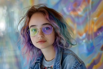 A close-up portrait of a young woman with a colorful hairstyle and freckles in front of an abstract mural