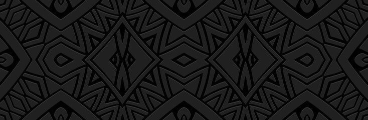 Banner. Relief geometric old original 3D pattern on a black background. Ornaments, ethnic cover design, handmade. Boho motifs, tribal traditions of the East, Asia, India, Mexico, Aztec, Peru.