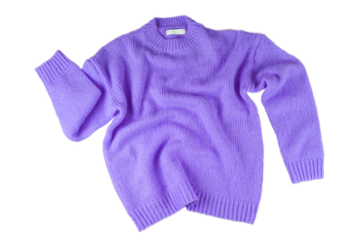Purple flying crumpled women's autumn knitted sweater isolated on white, transparent background. Creative clothing concept, trendy cozy creasy jersey pullover. Fashion, sale, autumn discount