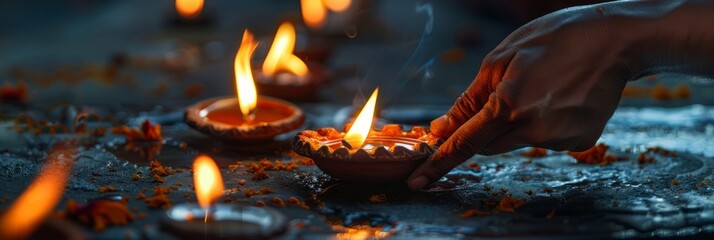 Diwali clay diya lit during festival with copy space. diwali day