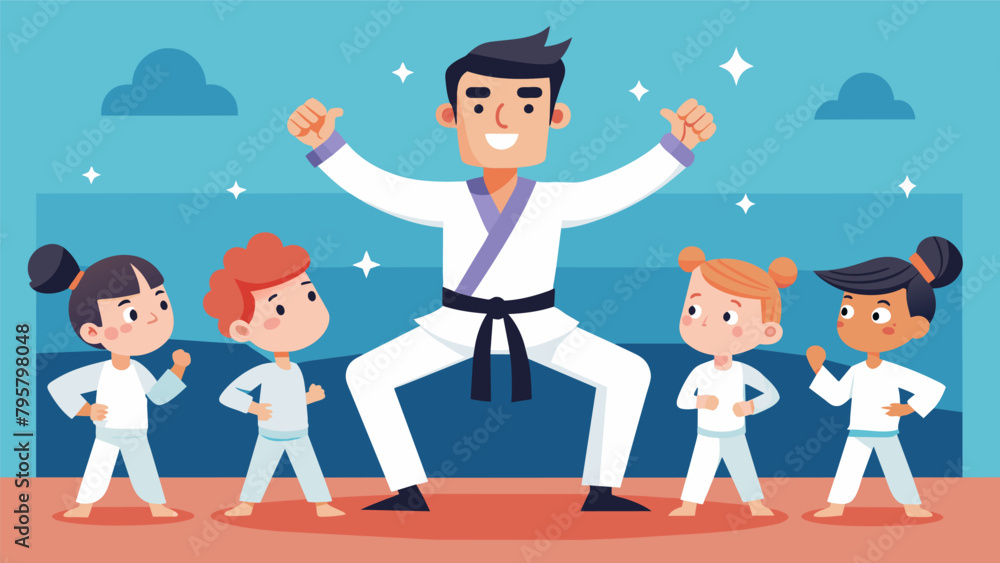 Poster a martial arts instructor leads a class with a mix of intense drills and lighthearted games encourag