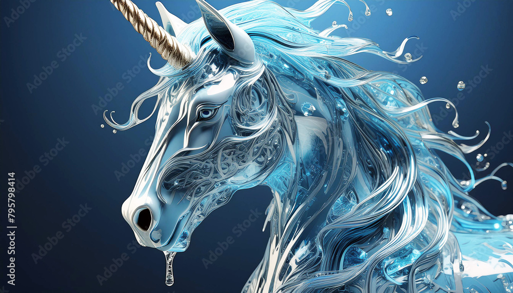 Wall mural detailed blue unicorn sculpture crafted by water and ice to mimic the majestic creature's unique app