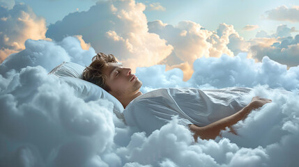 Image montage of a man in nightwear sleeping on clouds