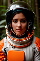 Futuristic woman astronaut in spacesuit and white-orange helmet in dense forest