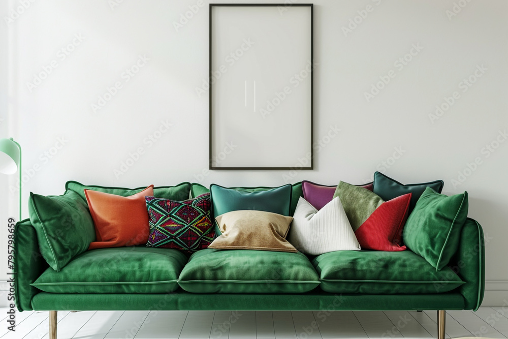 Wall mural vibrant green sofa adorned with colorful cushions in a pristine white living room, framed by a verti