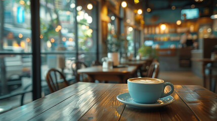Cup of coffee on wooden table in empty space of cafe