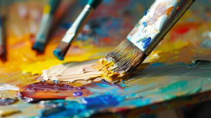 Fototapeta premium A focused shot of a paintbrush dipped in paint against a blurred art studio