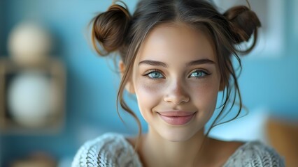 Portrait of cheerful teenage girl with double buns in a sweater against blue backdrop. Concept Portrait Photography, Teenage Girl, Double Buns, Cheerful Expression, Sweater Outfit