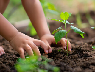 A student's hands planting a seedling in a school garden, focusing on environmental education