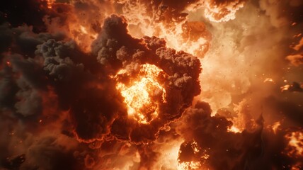Immerse yourself in the spectacle of a large fireball erupting amidst swirling black smoke in this striking image