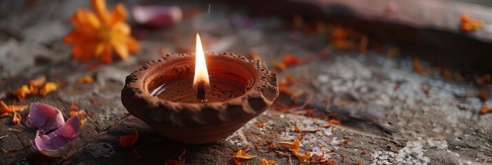Diwali clay diya lit during festival with copy space. diwali day