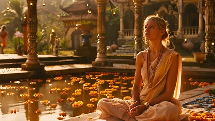 Pushing towards a gen-z Caucasian woman meditating in a Buddhist temple during golden hour