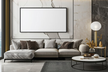 a modern living room adorned with a large horizontal frame mockup, accentuating the space with sophistication.