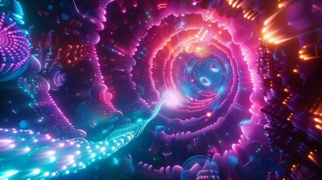 Immerse yourself in the vibrant cosmos of abstract neon fractals, swirling and pulsating against a backdrop of infinite space, captured with stunning clarity by an advanced HD camera