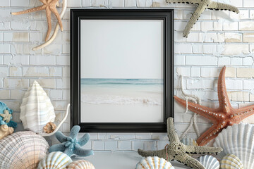 Black frame mockup against white brick wall adorned with marine decorations - Powered by Adobe
