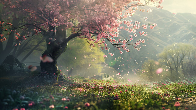 flowering branches of a tree in the meadow in romatic backlight