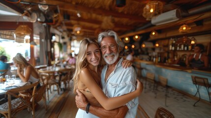 Obraz premium Bustling restaurant where an elderly man and a younger woman share a joyful embrace, smiling brightly in a cozy setting.