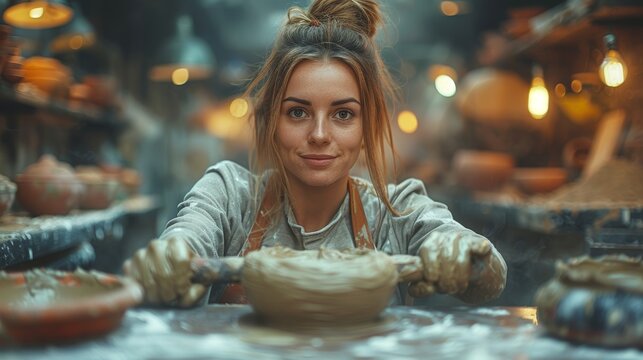 Craftswoman uses a rolling pin to skillfully shape clay on a potter's wheel in a warmly lit, artisanal workshop.