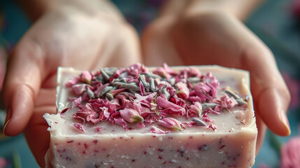 A close-up view capturing a person holding a handmade soap bar topped with vibrant dried flowers against a blurred background. - 795800872