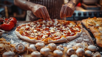 In a cozy, well-lit pizzeria, a man meticulously adds toppings to a hand-tossed pizza, surrounded by fresh ingredients and vibrant colors. - 795801456