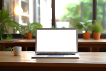 Laptop on Desk. A laptop with a black screen is open and placed on a wooden desk, suggestive of a workspace or office setting. Accompanied by a white coffee cup, it conveys a scene of productivity or 