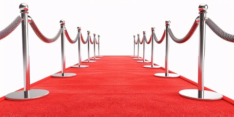 a red carpet with silver barriers