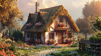 Rustic Charm: Cozy Countryside Inn with Thatched Roof and Flower-Filled Window Boxes - obrazy, fototapety, plakaty
