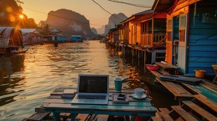 outdoor business office or workspace of a freelancer when travel at Panyeee island, phan nga, Thailand.