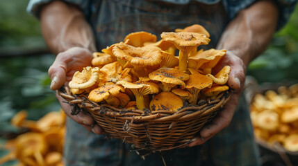 Close-up shot of weathered hands presenting a basket filled with vibrant, freshly picked chanterelle mushrooms amidst a verdant forest backdrop. - 795802094