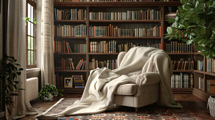 Literary Haven: Cozy Reading Nook with Plush Armchair and Book-Filled Shelves