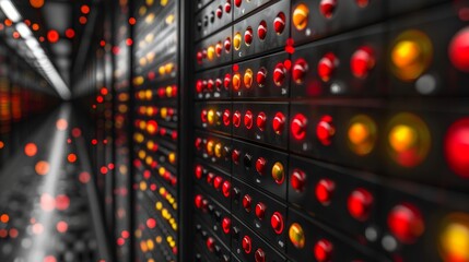 Striking close-up image of a data center with rows of server LED lights. This image conveys concepts of data security, high-speed internet, and modern technology infrastructures.