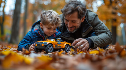 Young boy and his father enjoy a playful moment with a toy car among colorful autumn leaves, illustrating a joyous family bonding experience in nature.