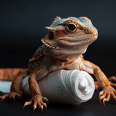bearded dragon lizard with a bandage roll 