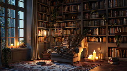Literary Sanctuary: Cozy Candlelit Reading Corner with Plush Comforts
