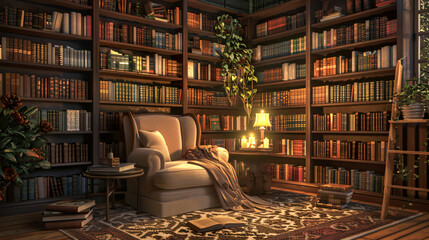 Fototapeta premium Literary Sanctuary: Cozy Candlelit Reading Corner with Plush Comforts