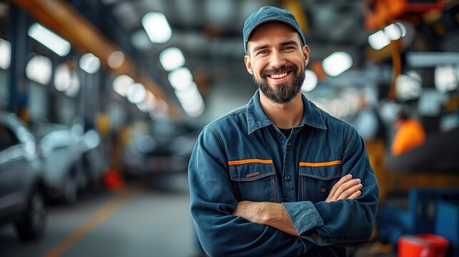 Handsome young man working in auto repair shop and smiling.