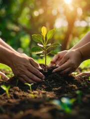 A group of people are planting a tree together