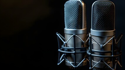Two microphones in a dark podcast or interview room against a black background. Concept Microphone Setup, Podcast Studio, Interview Room, Dark Background, Audio Recording