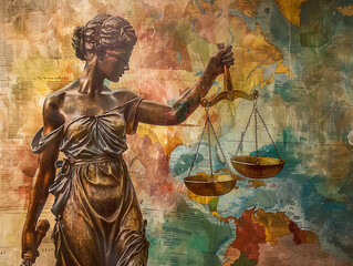 Statue of justice Justitia, goddess of justice with closed eyes the holding in hands metal scales of justice
