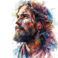 portrait of jesus of nazareth with crown of thorns in watercolor painting of jesus isolated against white background
