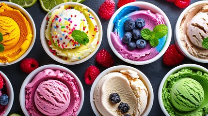 Assortment of ice cream in the store. Variety of ice cream scoops. Copy space. Sweet fruit ice cream background. Top view of sweet frozen dessert