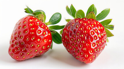 two bright red strawberries with green leaves, set against a white background
