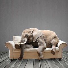 petit éléphant endormi sur un canapé en tissus en ia - obrazy, fototapety, plakaty