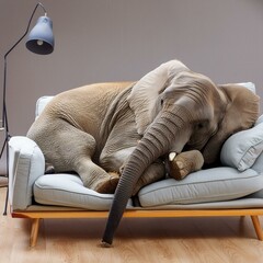 éléphant sur un canapé en train de faire une sieste en ia - obrazy, fototapety, plakaty
